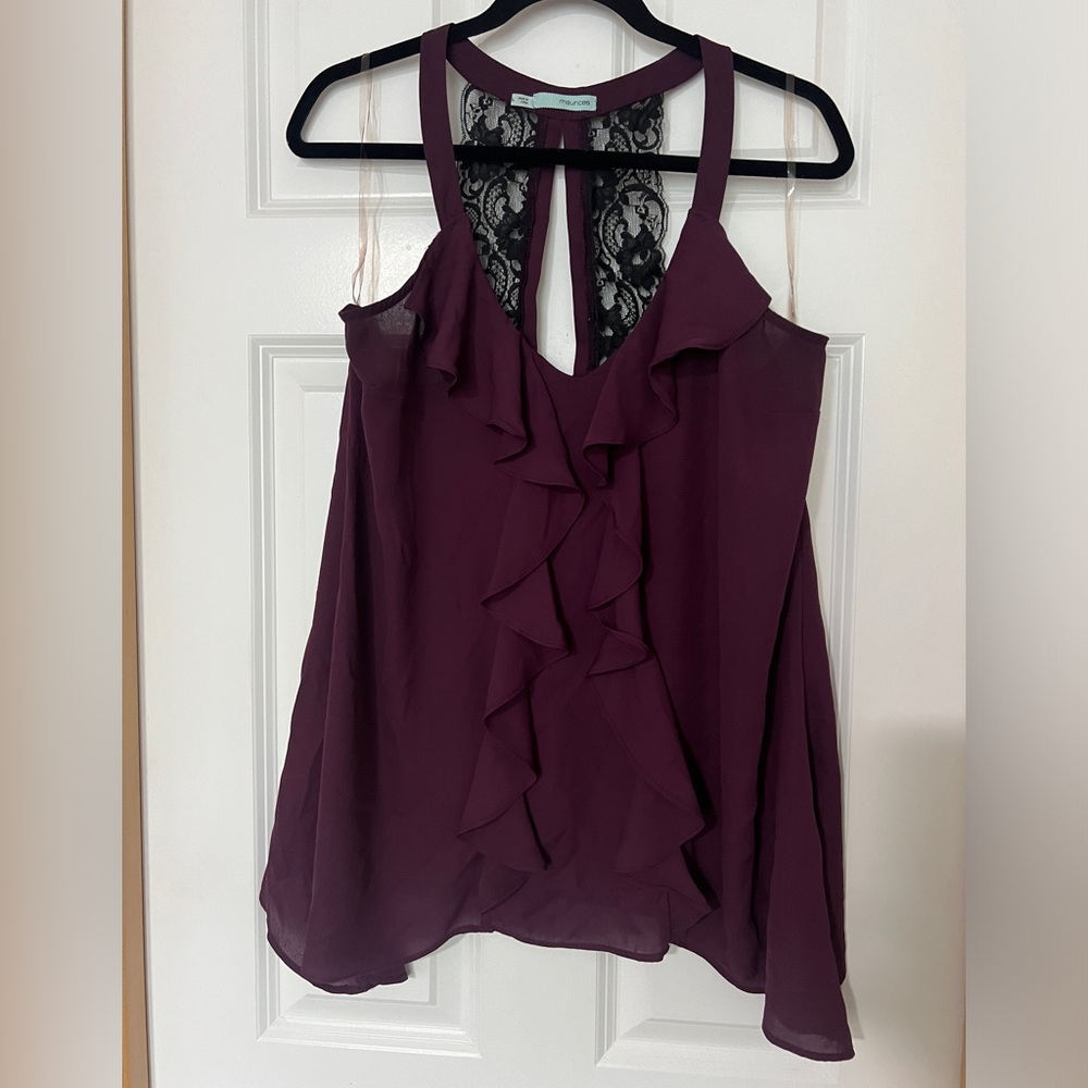 Maurices plum tank top with lace back detail and ruffles